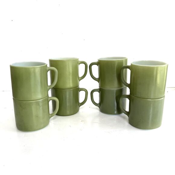 FEDERAL MILK GLASS CUPS MUGS D-HANDLE MID CENTURY GREEN HEAT PROOF SET X4 - Picture 2 of 11